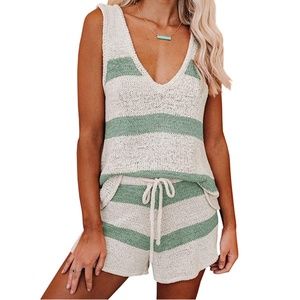Green and white striped tank and short set
